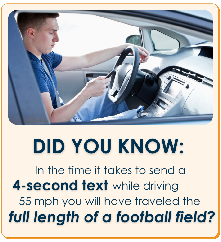 April is Distracted Driving Awareness Month - Did you know that in the time it takes to send a 4-second text while driving 55 mph, you will have traveled the full length of a football field?